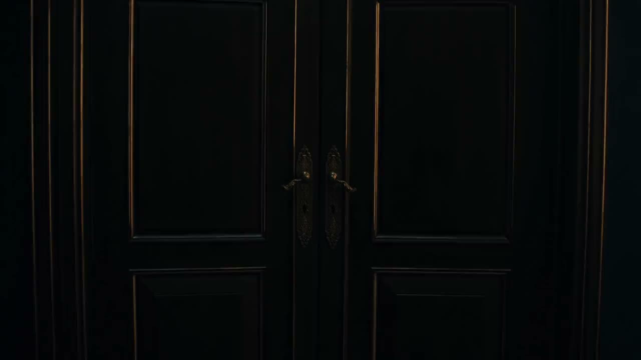 A pair of dark double doors with brass handles, closed