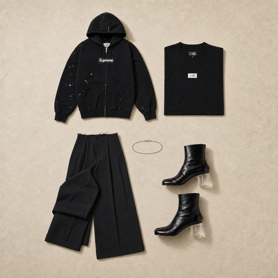 The box logo goes home. Still life of a black Supreme zip hoodie, a black MM6 T-shirt, black trousers and black ankle boots.