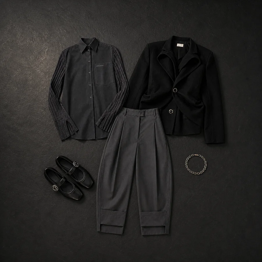 Still life of a graphite and grey Litkovska shirt, grey trousers, a black peacoat and black Coperni flats.