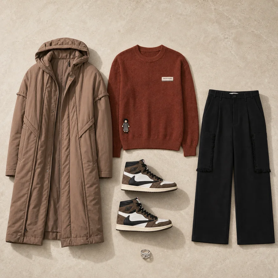 Mocha at rest. Still life of a brown Issey Miyake coat, a brown Song for the Mute sweater and black trousers.