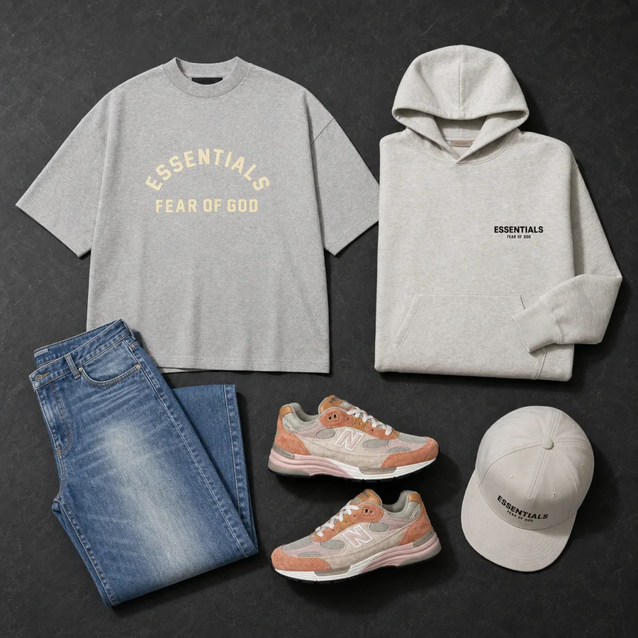 Still life of a light grey Fear of God T-shirt, a light oatmeal hoodie and indigo Amiri jeans.