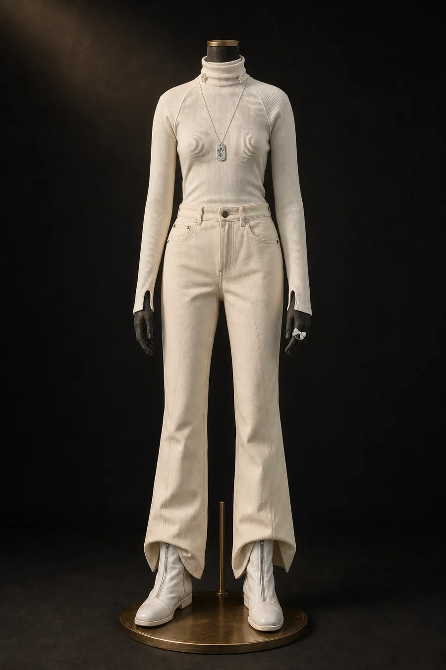 Pearl against the dog tag on a mannequin