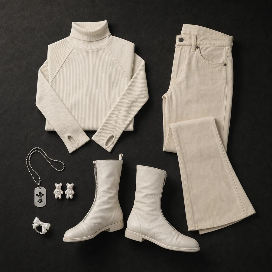 Still life of a white Helmut Lang turtleneck, ecru jeans and white Guidi boots.