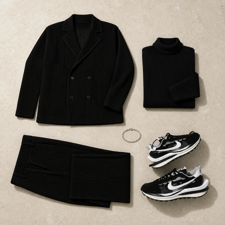 Still life of a black Issey Miyake jacket, a black turtleneck and black and white Nike sneakers.