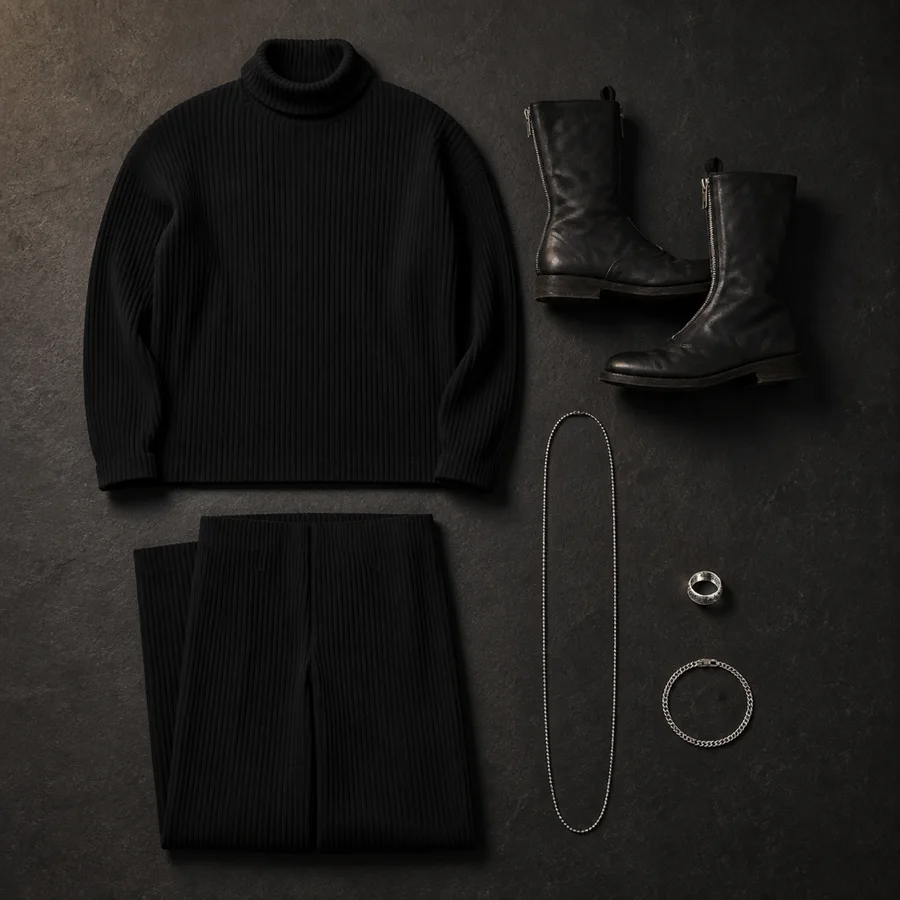 Still life of a black Issey Miyake turtleneck, black trousers and black Guidi boots.
