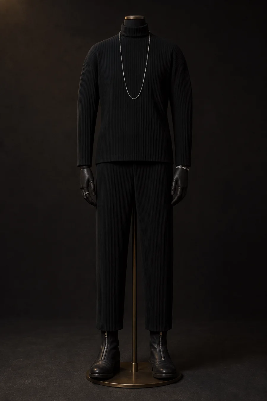 Silver on a black column on a mannequin