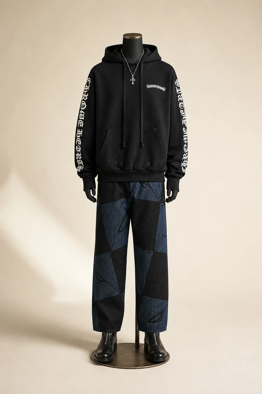 Silver on dark cotton on a mannequin