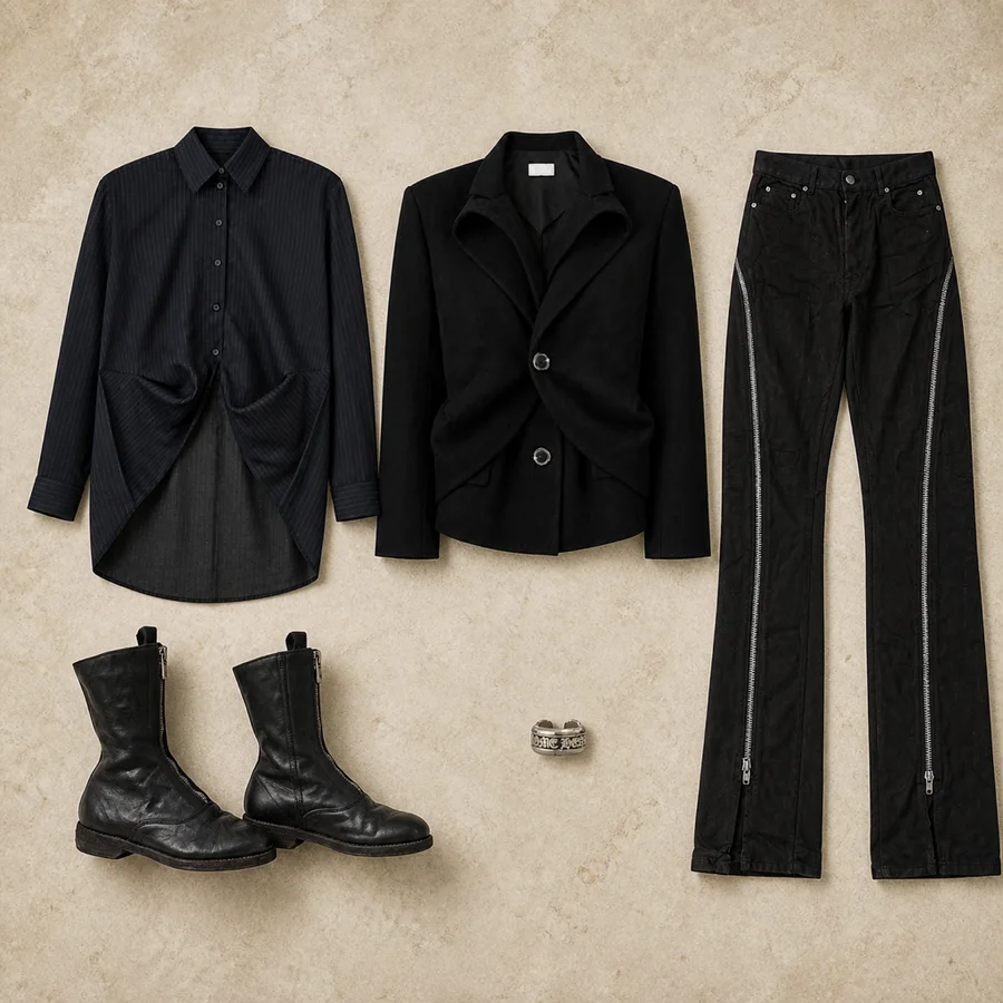 Still life of a black Litkovska peacoat, grey Rick Owens trousers, black Guidi boots and a dark navy shirt.