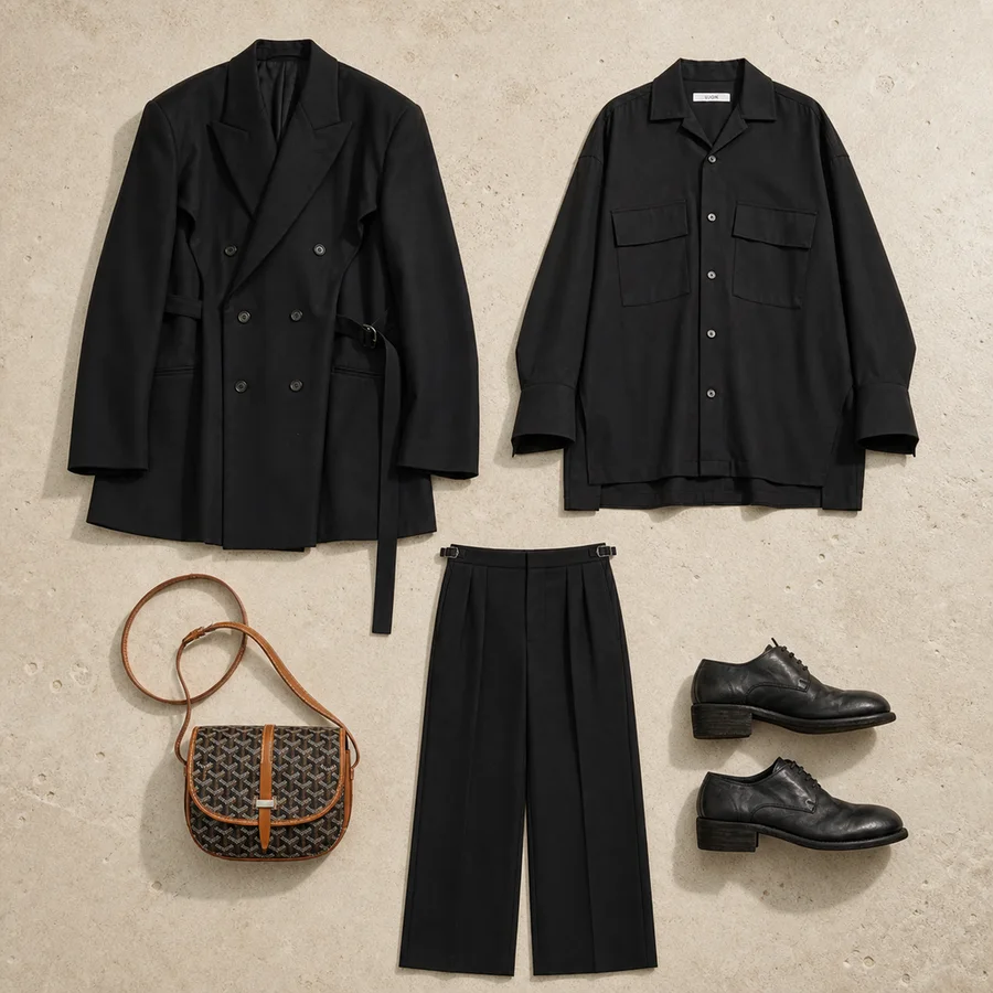 Still life of a black and natural Goyard bag, a black UJOH shirt, black trousers and a black jacket.