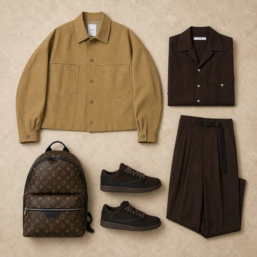 Velvet brown against chocolate. Still life of a beige UJOH blouson, a chocolate shirt, chocolate trousers and brown Jordan sneakers.