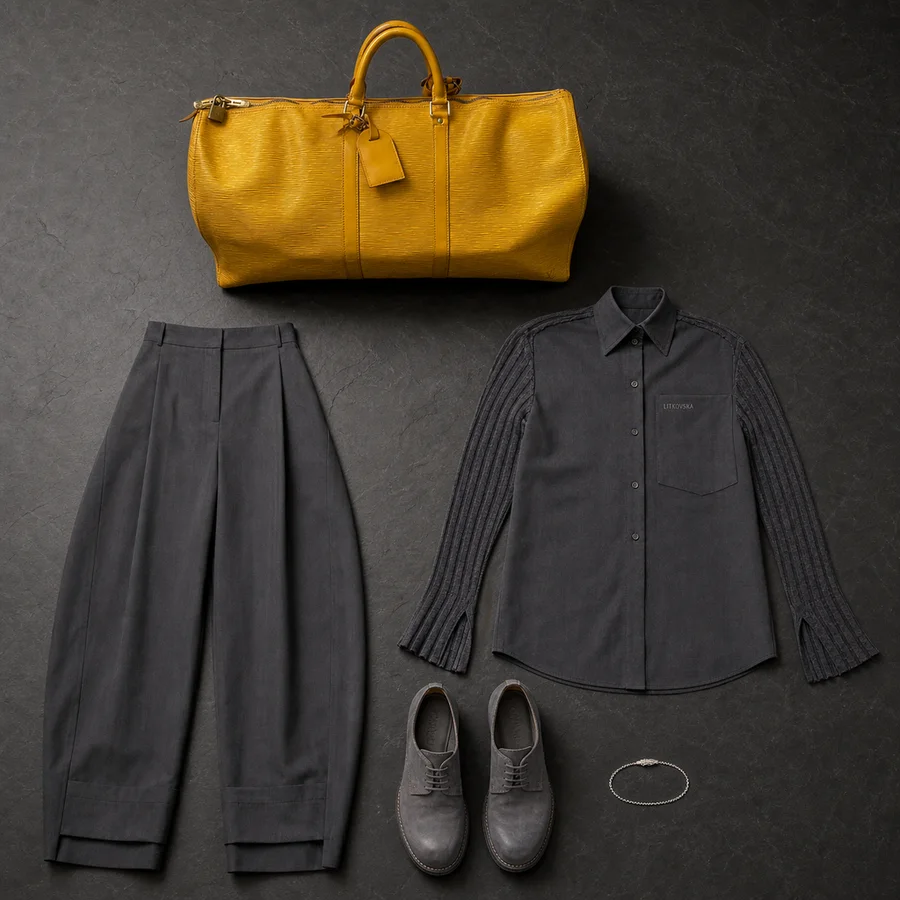 Yellow, carried. Still life of a yellow Louis Vuitton bag, a graphite and grey Litkovska shirt and grey trousers.