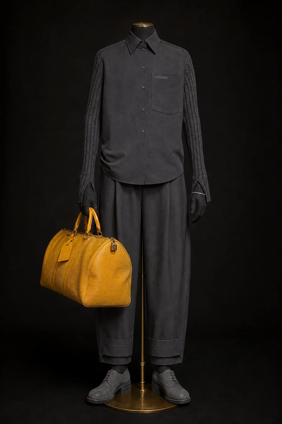 Yellow, carried on a mannequin