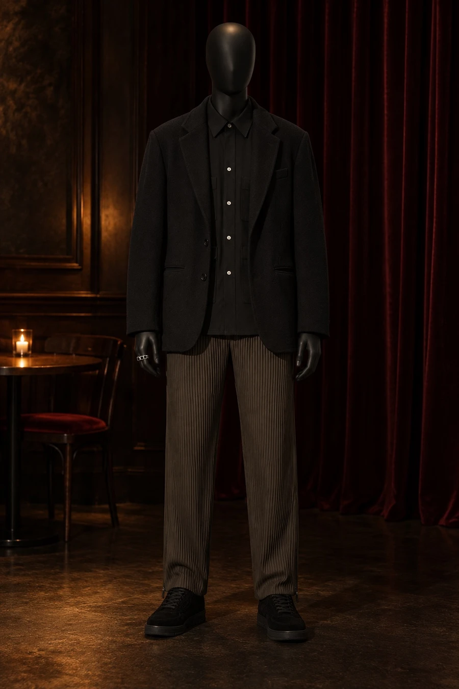 A faceless black mannequin wears an Undercover blazer, a UJOH shirt, brown Homme Plissé trousers, Louis Vuitton trainers and a Tom Wood onyx ring in a dark restaurant.