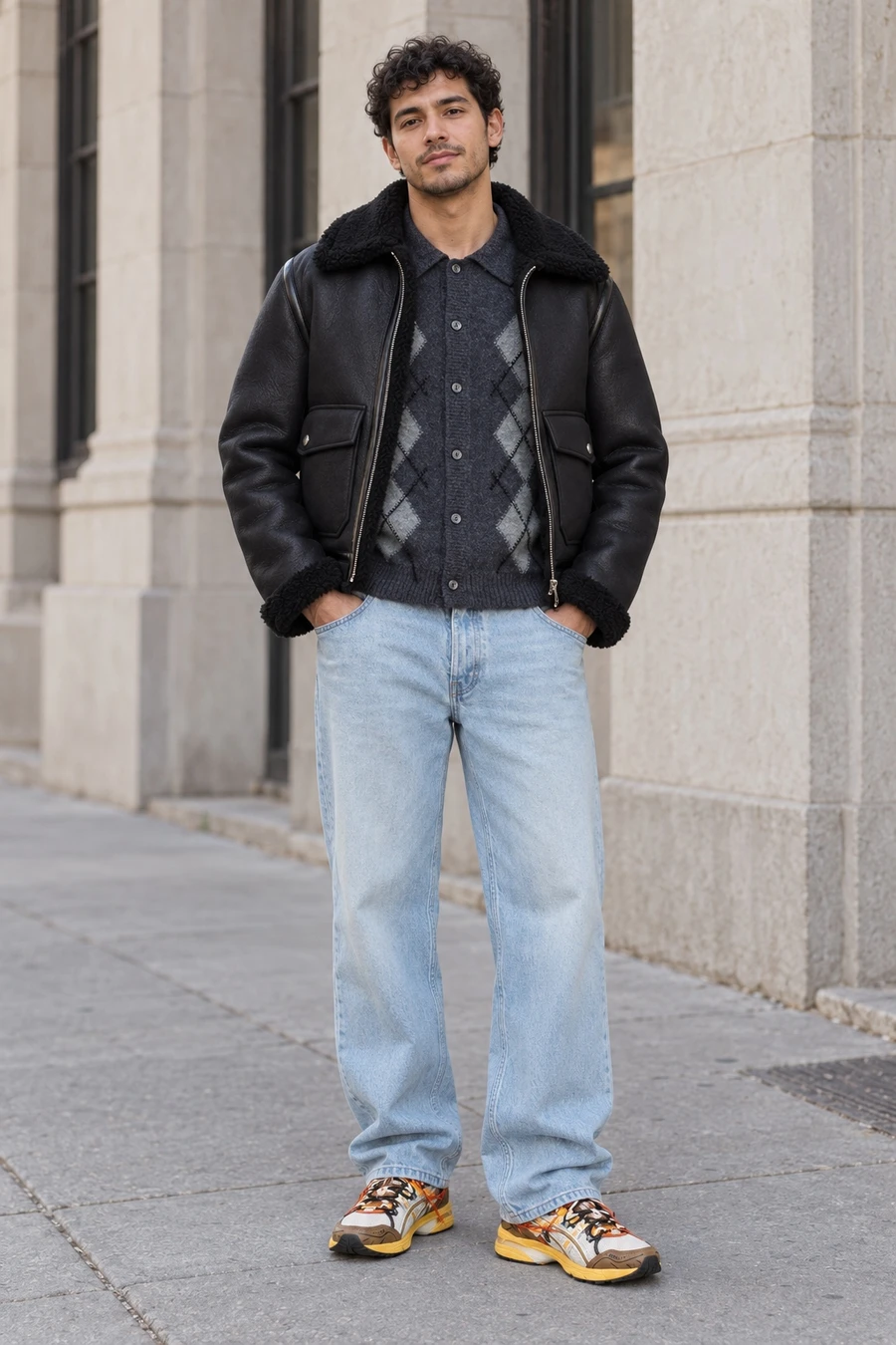 An adult man wears a black blouson, grey argyle cardigan and pale blue jeans with orange detailed trainers in New York.
