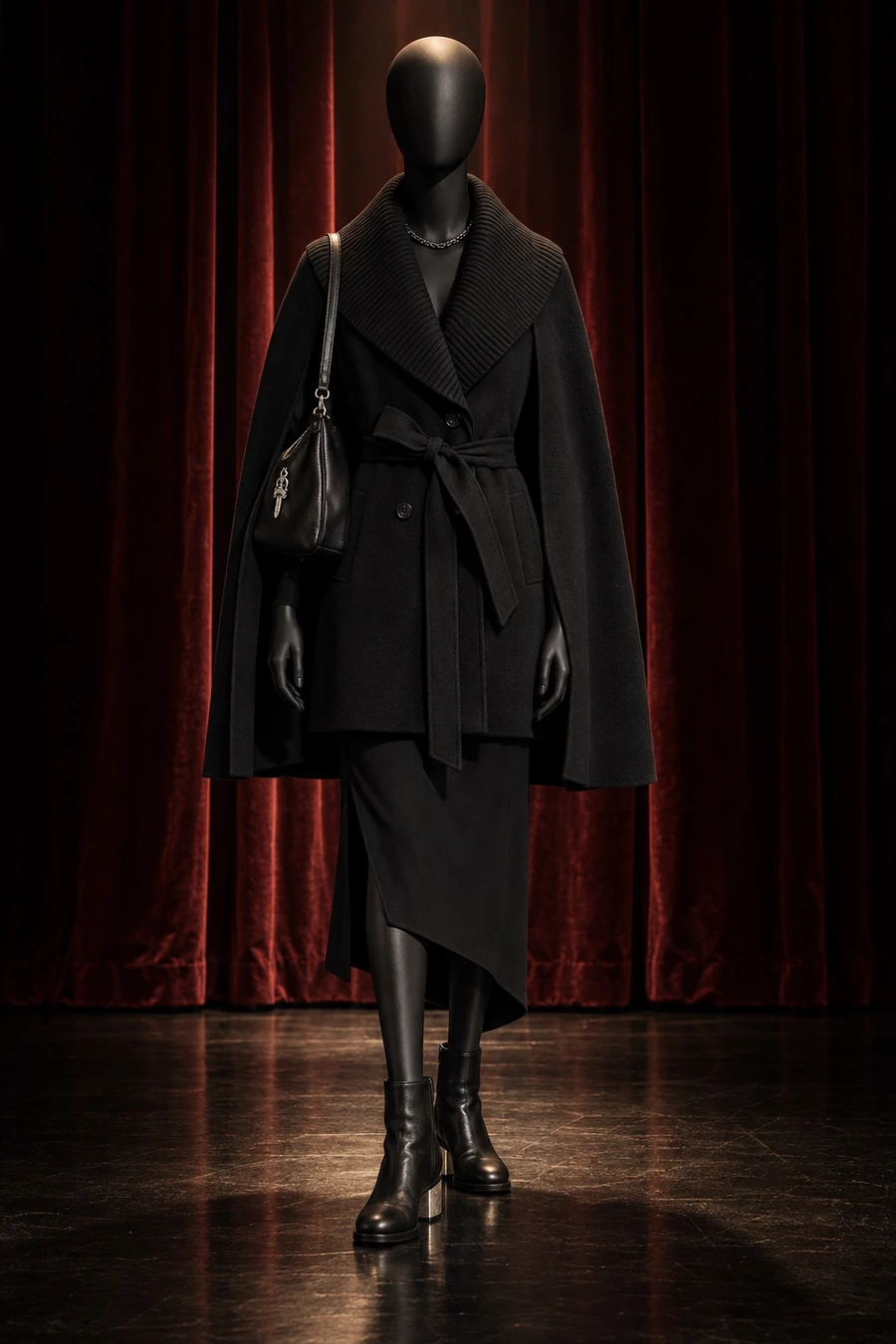 A black display mannequin in a belted Mackage cape coat over a black Coperni dress, with Guidi boots and Chrome Hearts silver, on a dark theatre stage.