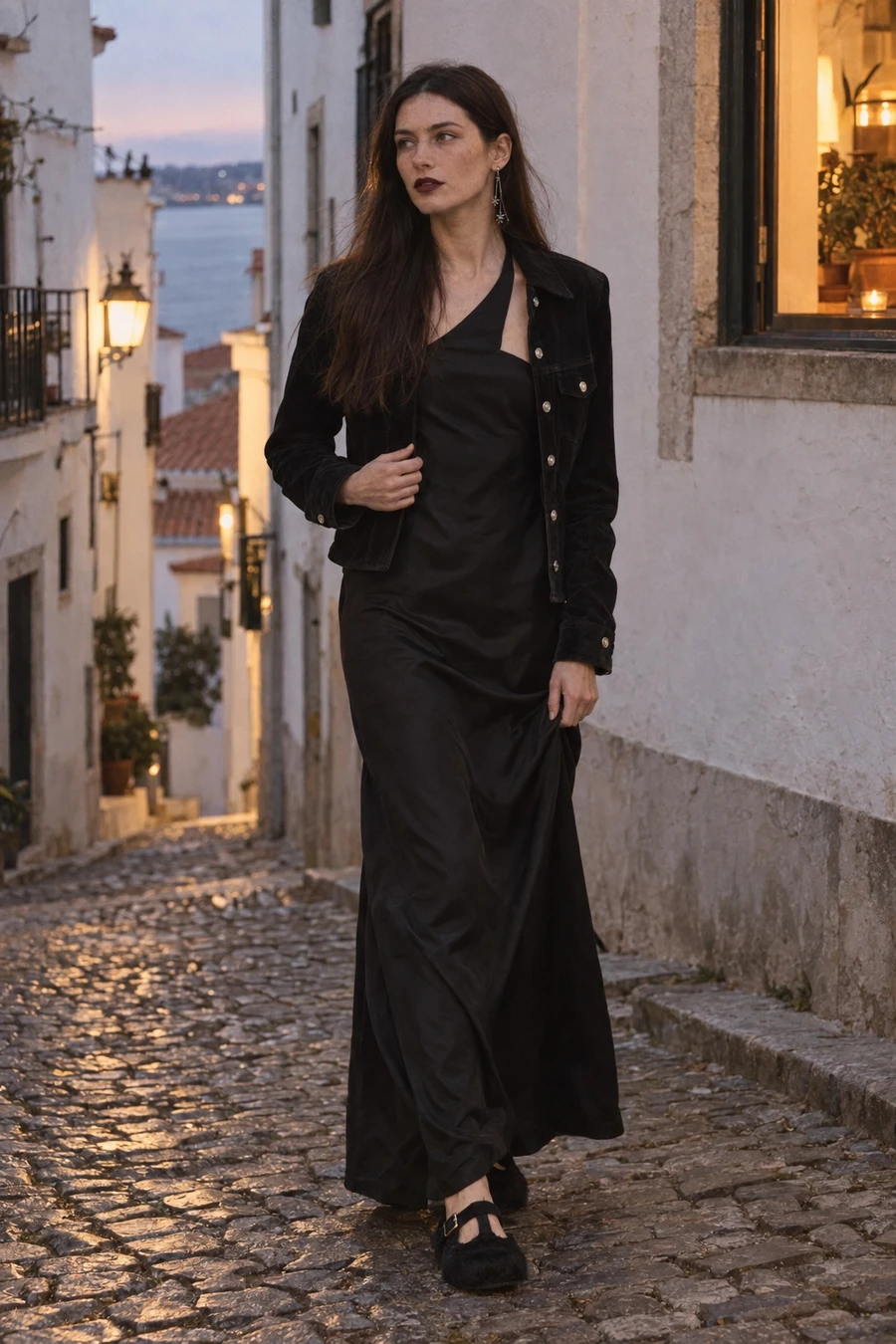 A woman walks up a cobbled lane at dusk in a black RUOHAN halter dress, a vintage Chrome Hearts corduroy jacket and pony hair mary janes.