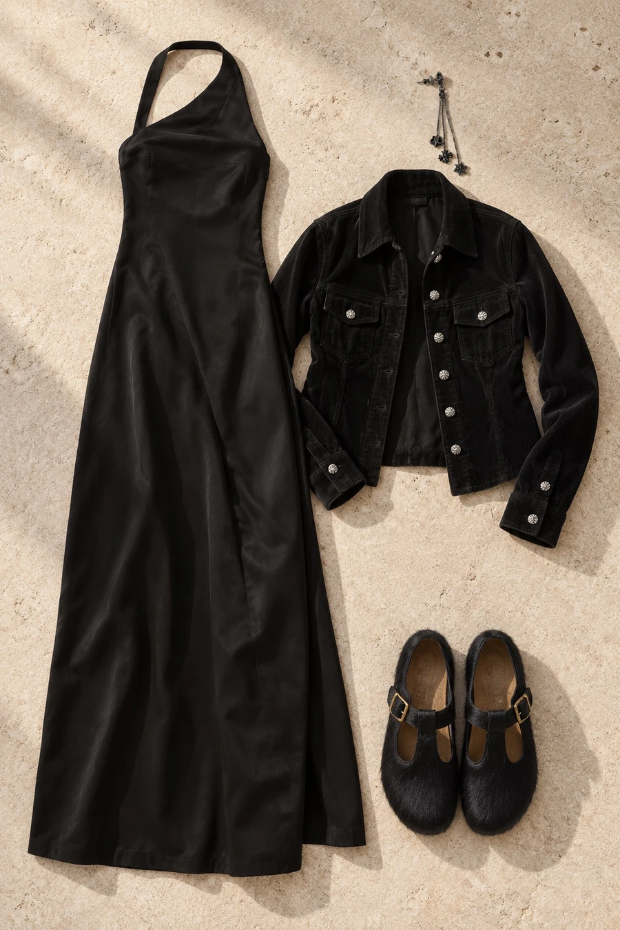 A black halter dress for a fall dinner. Flat lay of an onyx RUOHAN dress, a black Chrome Hearts jacket, black Song for the Mute shoes and silver earrings.