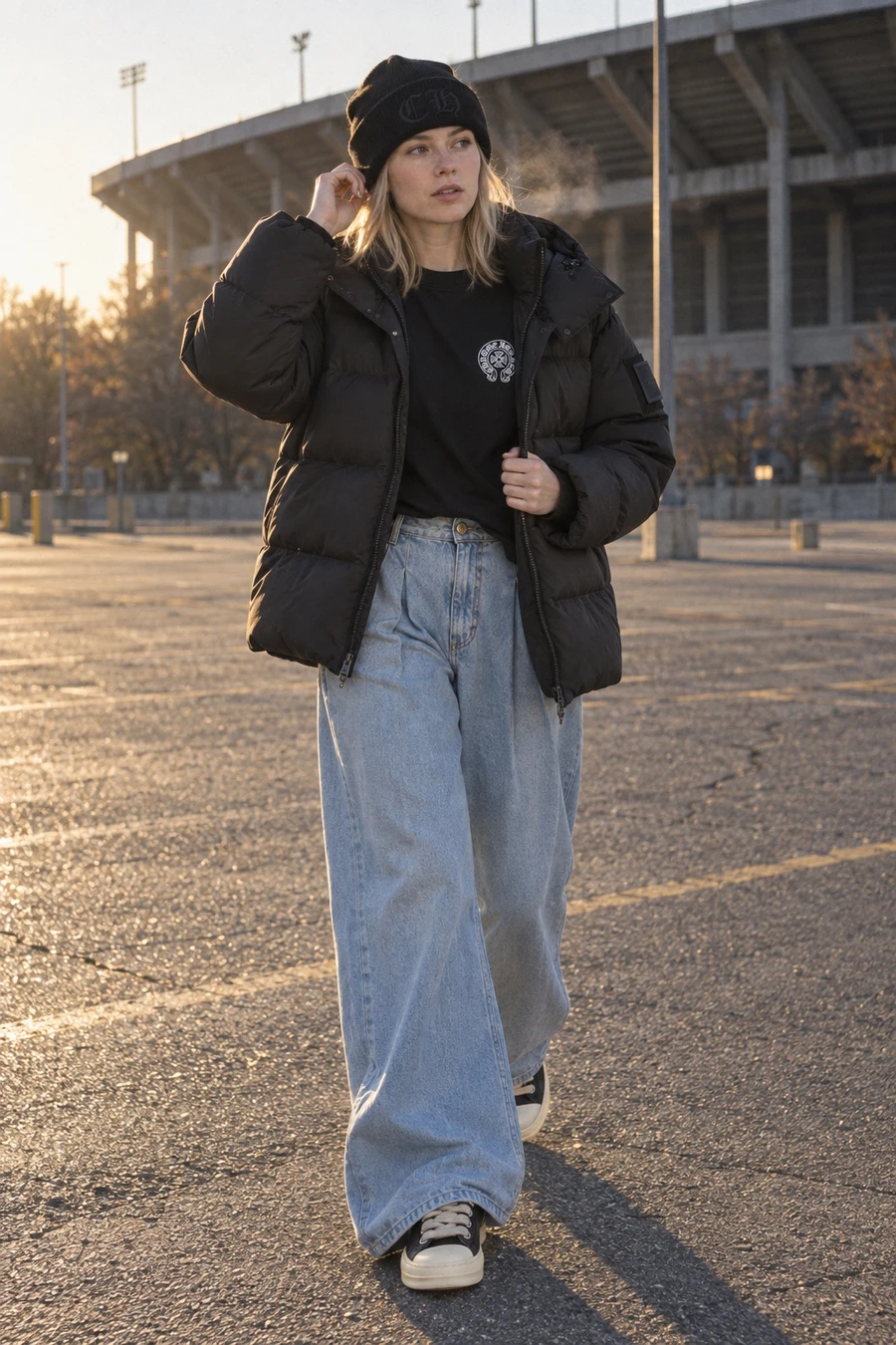 A woman walks across a stadium parking lot at dusk in a black Nobis puffer, a Chrome Hearts 33 tee, wide Nina Ricci jeans and Rick Owens sneakers.