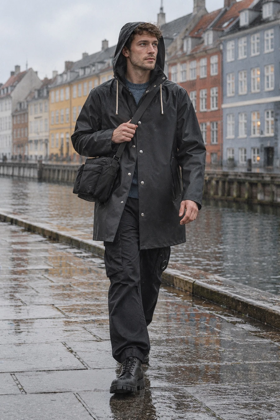A Danish man in a black Stutterheim raincoat, C.P. Company cargo trousers and Stutterheim boots walks along a Copenhagen canal in the rain with a Porter bag.