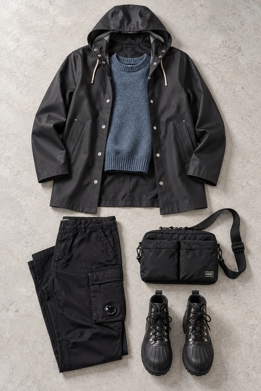 A black raincoat for a rainy day. Flat lay of a black Stutterheim jacket, a blue COOR sweater, black C.P. Company cargo pants and black boots.