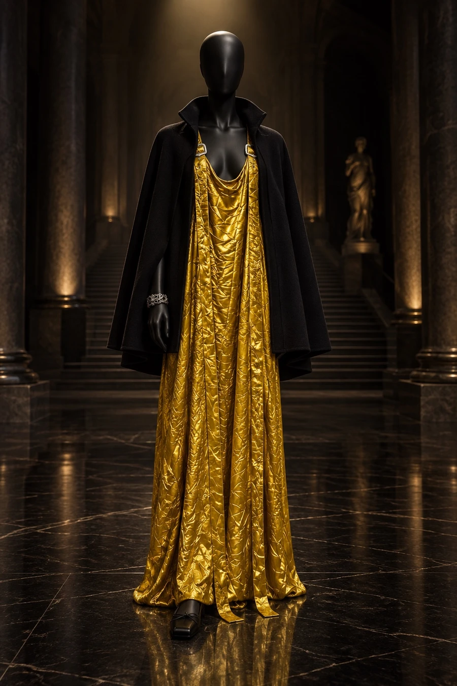A black display mannequin in a gold Sies Marjan gown under a black RUOHAN cape jacket, with MM6 flats and a Chrome Hearts bracelet, in a dark museum hall.