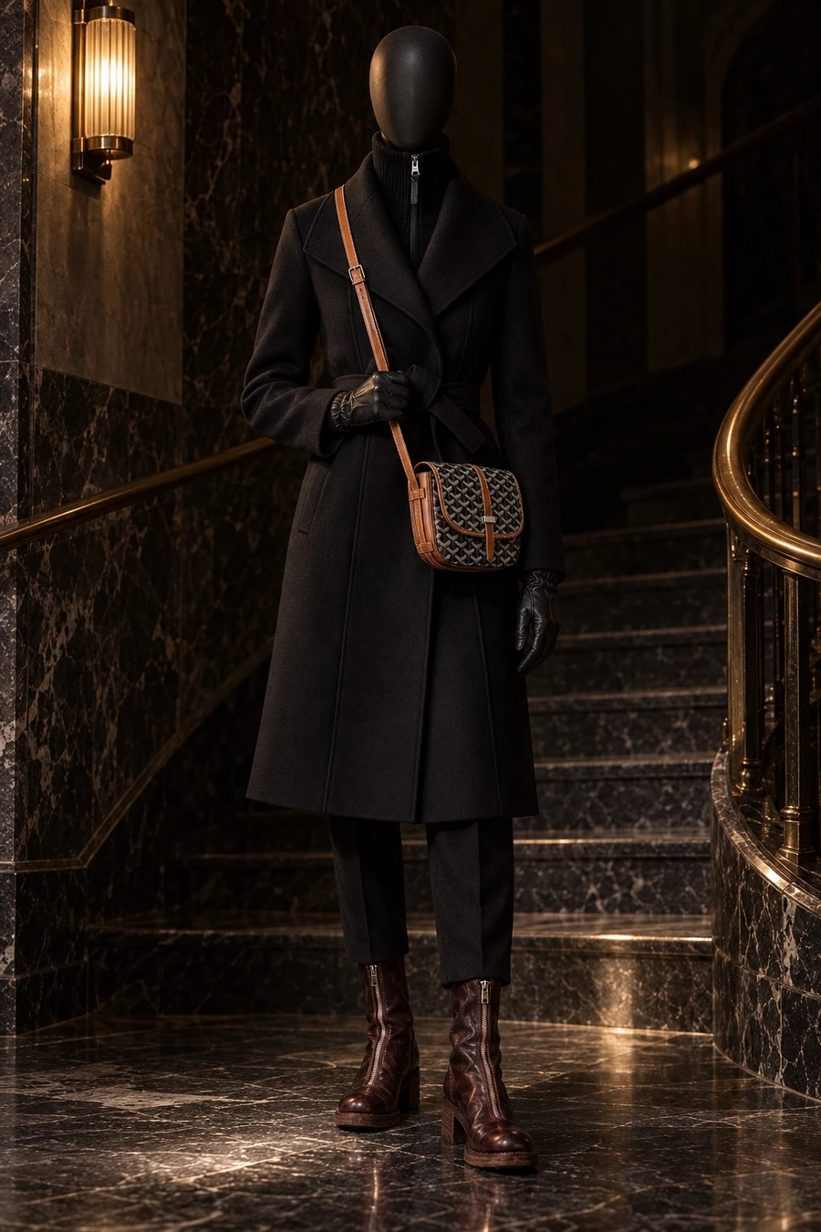 A black display mannequin in a belted Mackage wrap coat, slim black trousers and burgundy Guidi boots, with COOR gloves and a Goyard bag, on a marble stair landing.