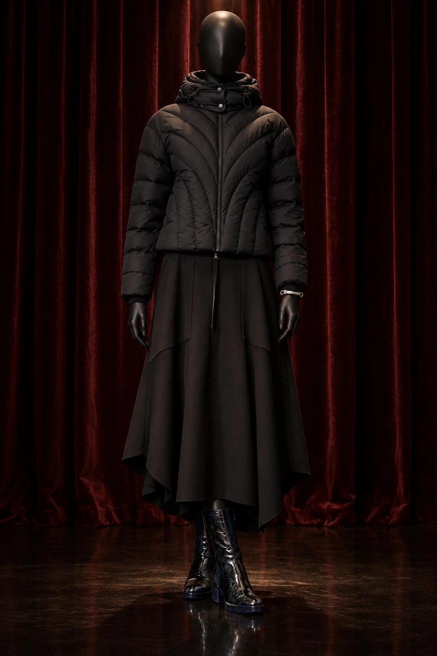 A black display mannequin in a Mackage bomber, a UJOH flared skirt and blue glitter Guidi Texan boots, a silver cuff at the wrist, before a velvet curtain.