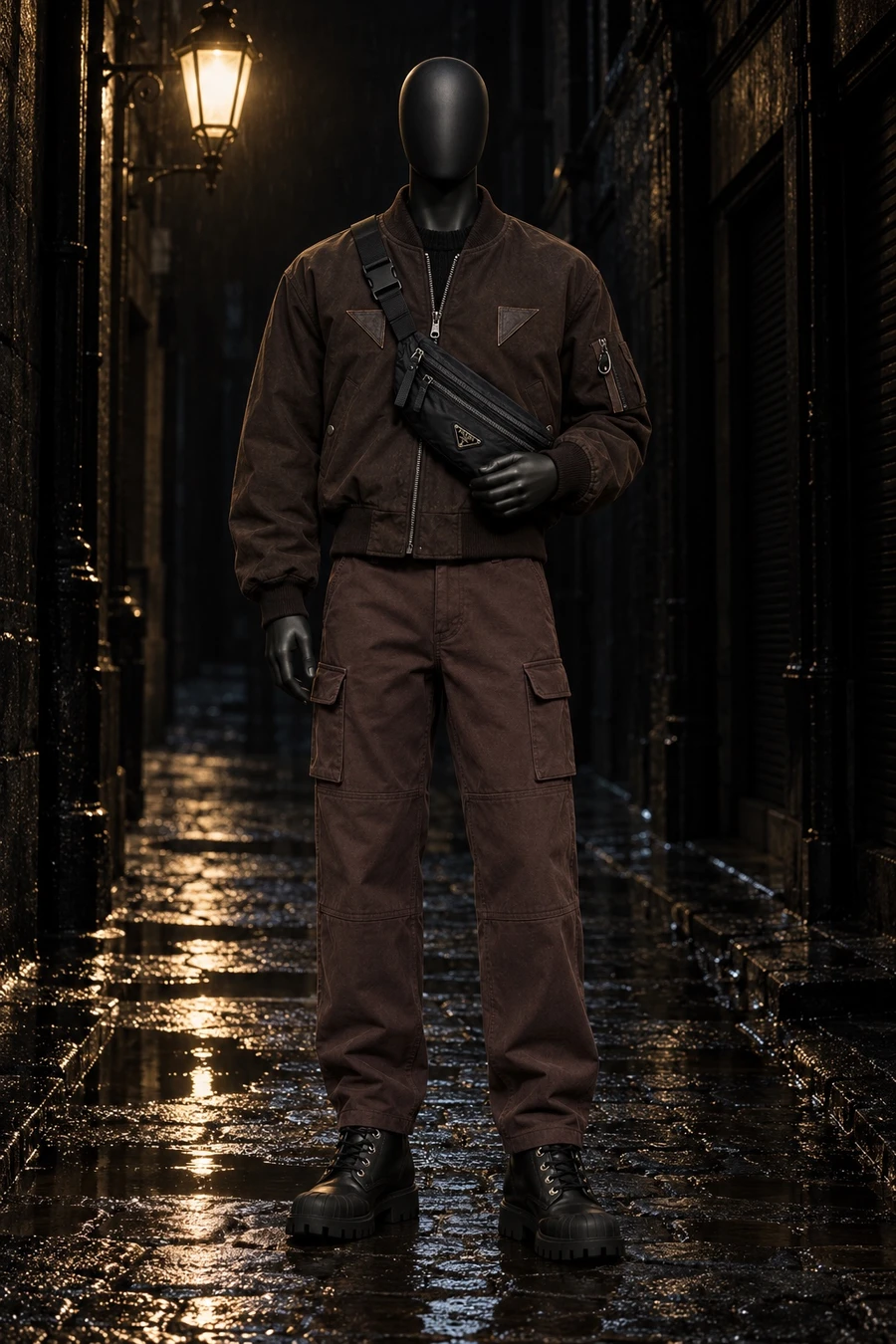 A faceless black mannequin wears a brown COOR bomber, a black sweater, burgundy Enfants Riches Déprimés cargo trousers, Stutterheim boots and a Prada belt bag on a wet cobbled lane.