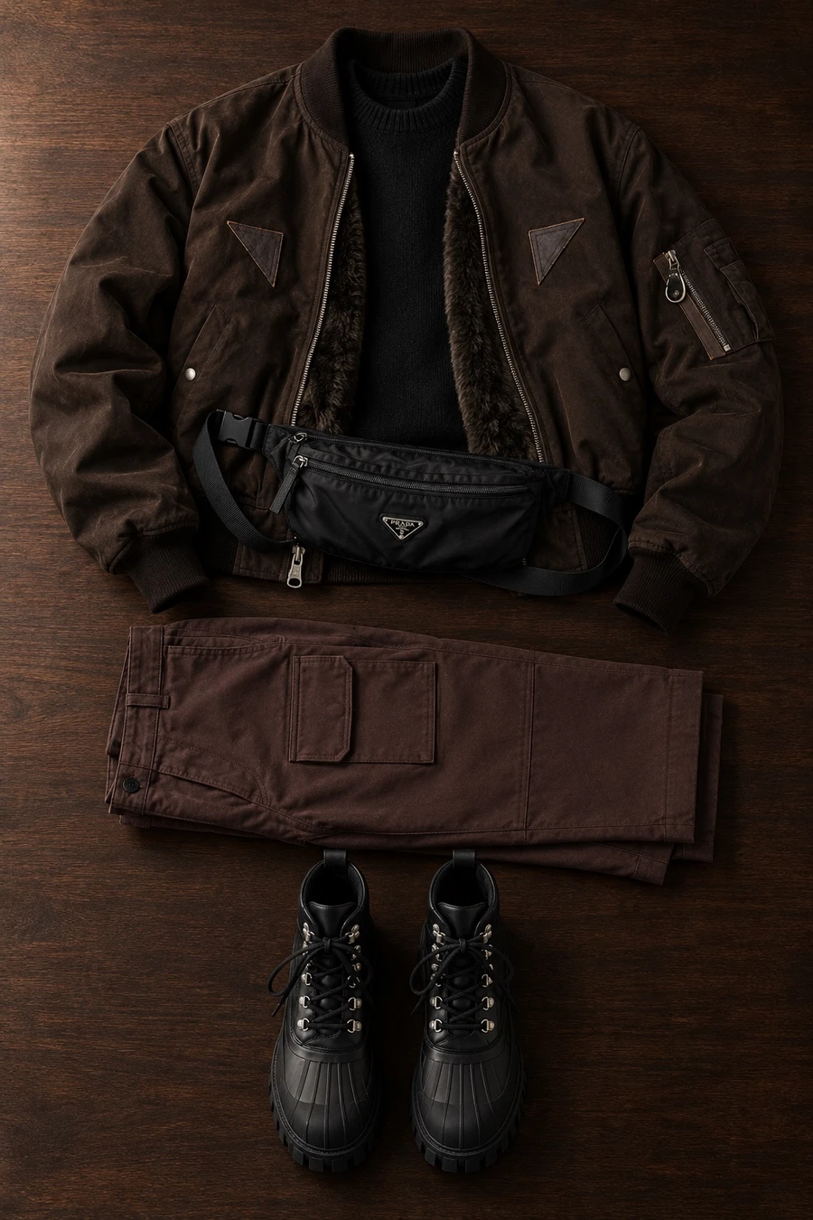 A brown bomber for a weekend in the city. Flat lay of a brown COOR jacket, a black sweater and burgundy Enfants Riches Deprimes cargo pants.