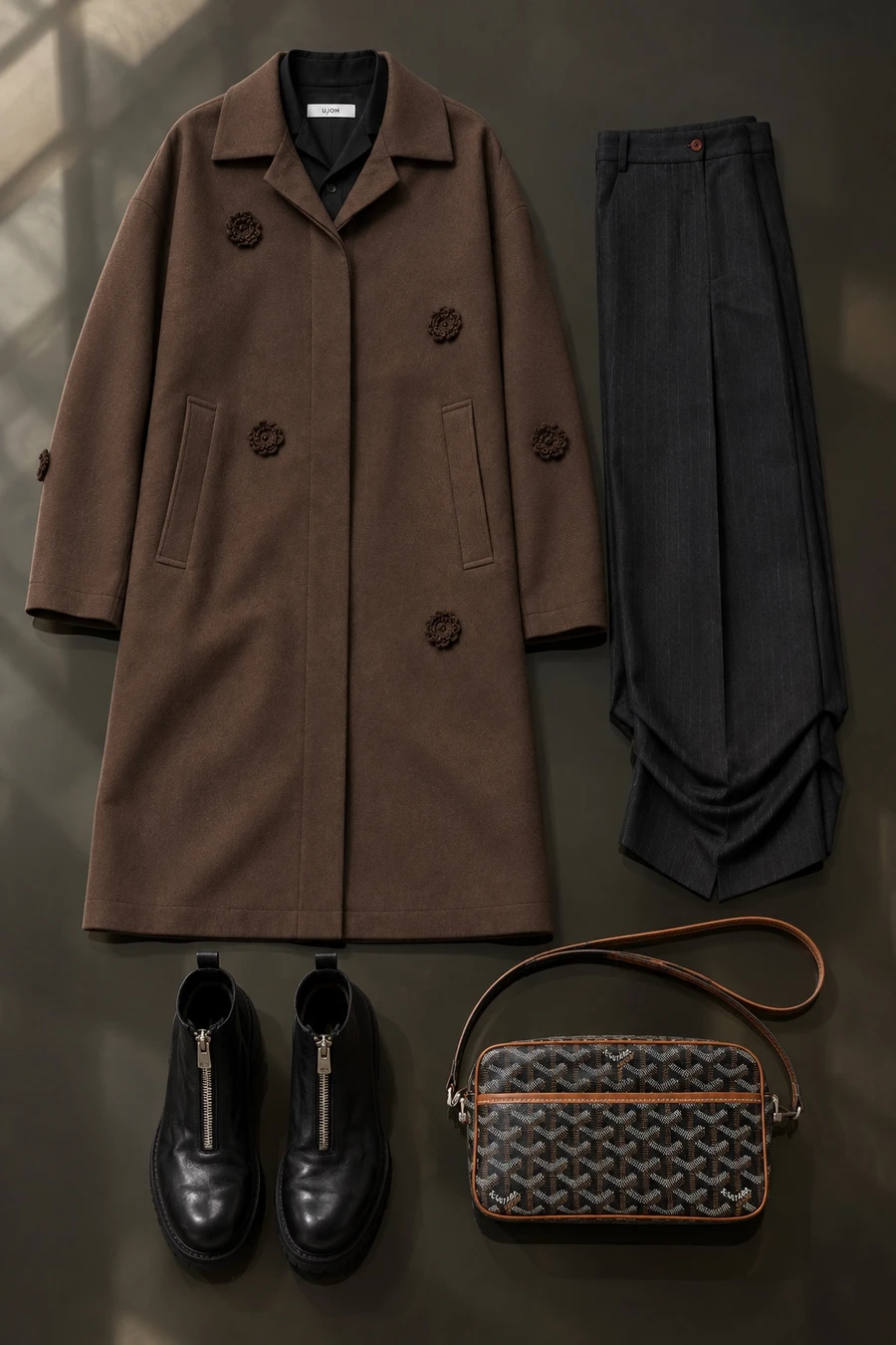 A brown coat for the theatre. Flat lay of a brown Song for the Mute coat, a black UJOH shirt and dark charcoal Avavav trousers.