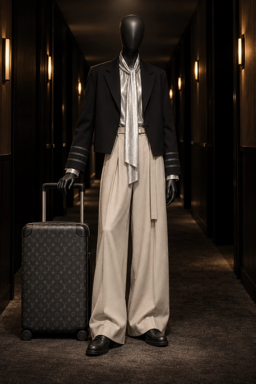 A black display mannequin in a cropped Coperni jacket, a silver UJOH shirt, sand UJOH wide trousers and black Guidi derbies, beside a Louis Vuitton Horizon 55, in a dark Milan hotel corridor.