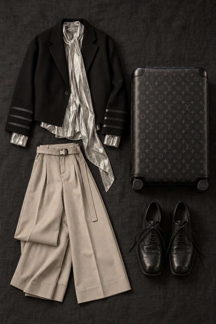 A business trip to Milan. Flat lay of a black Coperni jacket, a silver UJOH shirt, sand trousers and black Guidi derbies.