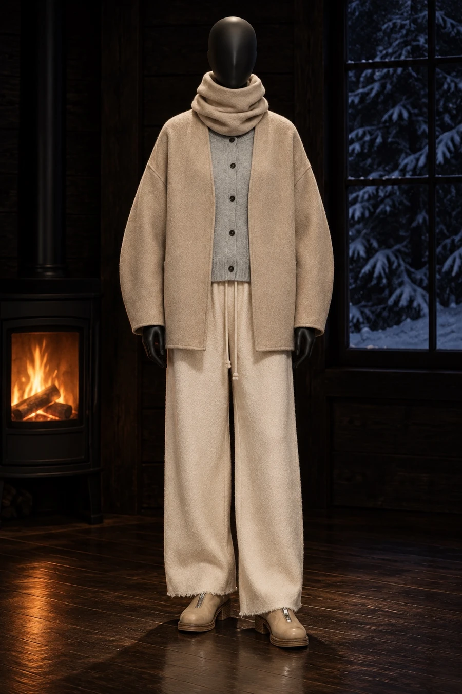 A black display mannequin in a RUOHAN oat cashmere jacket and snood, a grey MM6 cardigan, ivory INTO THE EAST trousers and sand Guidi boots in a dark timber cabin.
