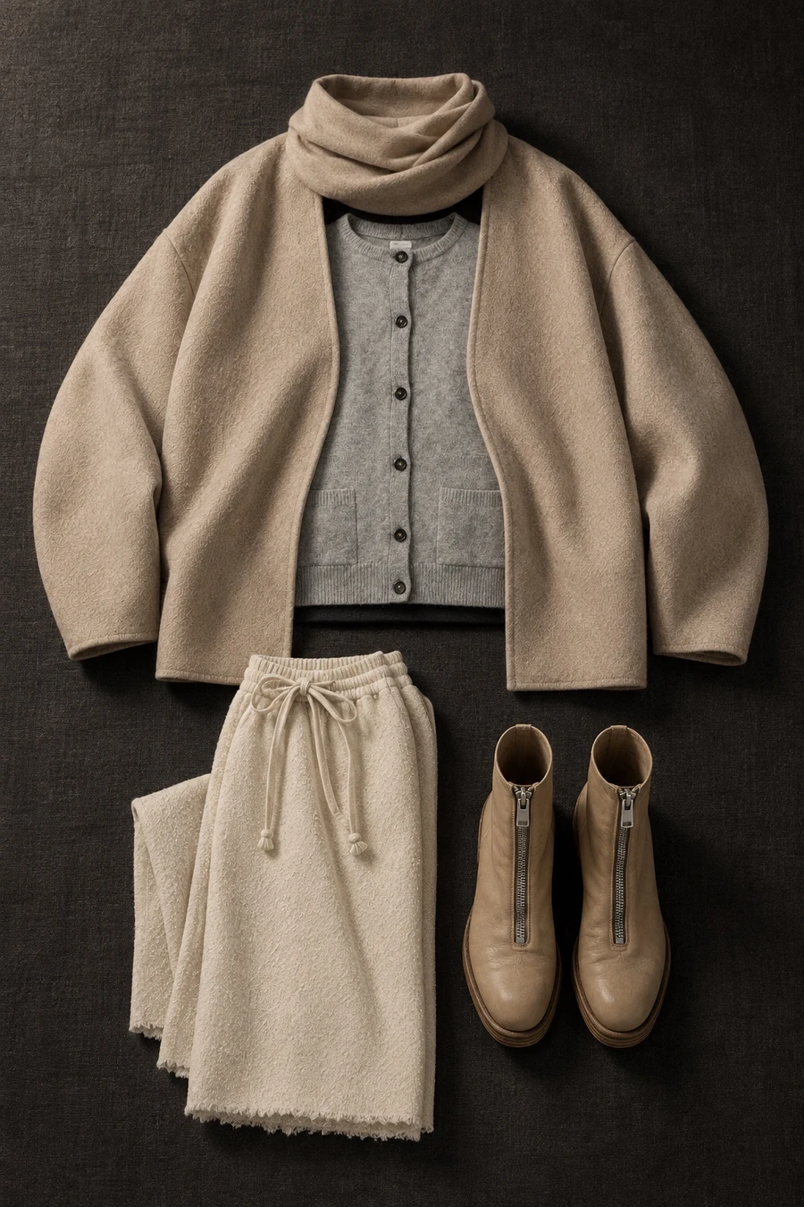 A cabin in January. Flat lay of a beige RUOHAN jacket, a light grey MM6 cardigan, ivory INTO THE EAST trousers and sand Guidi boots.