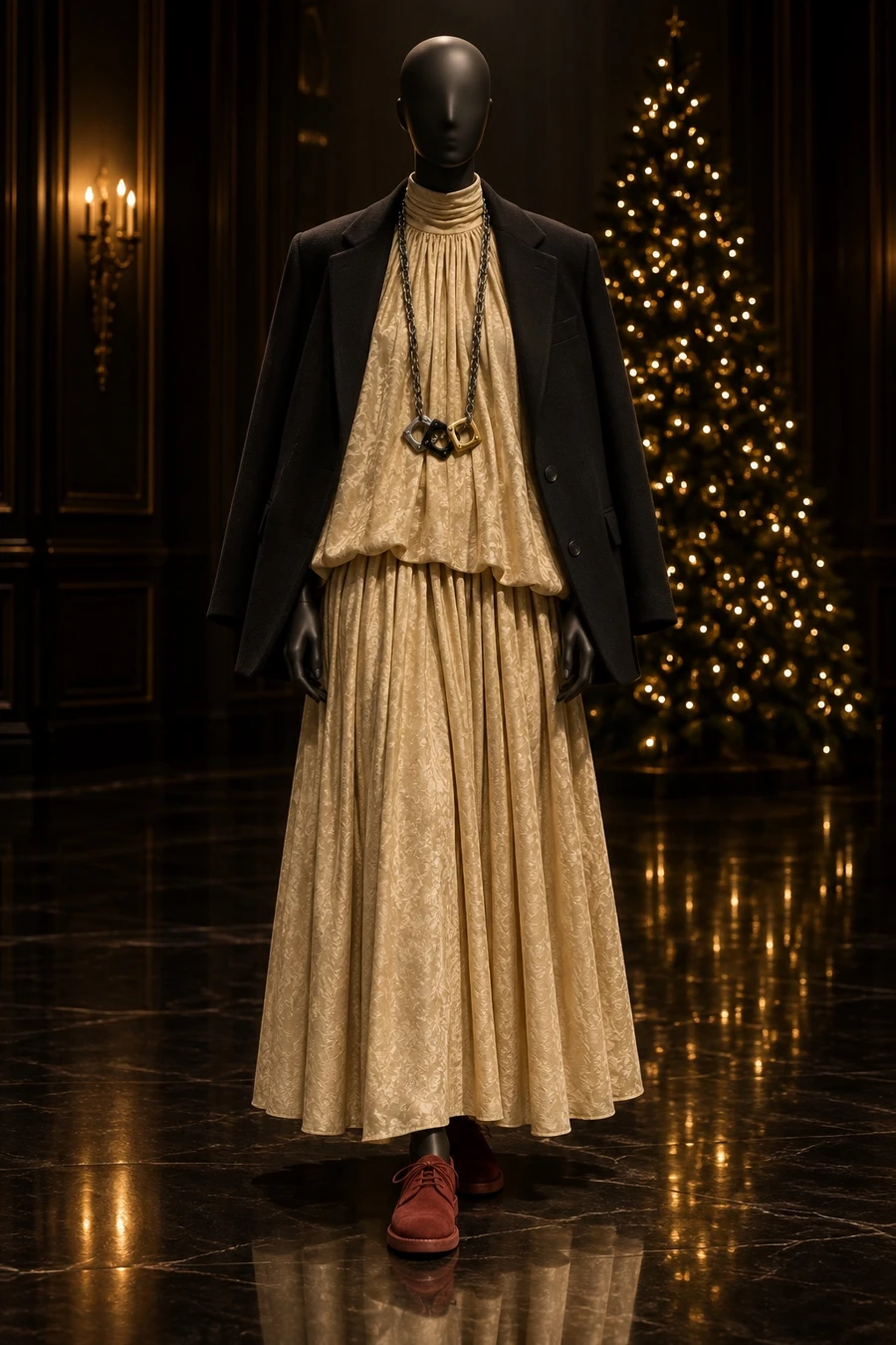 A black display mannequin in an INTO THE EAST champagne top and skirt, an MM6 blazer, red Guidi derbies and a Louis Vuitton chain, in a dark ballroom.