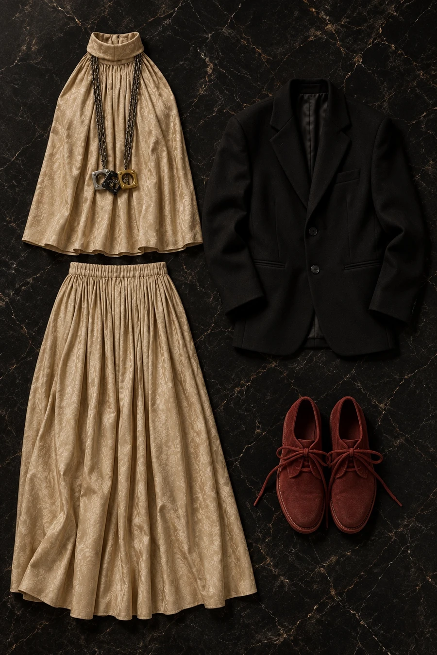 A Christmas party in champagne. Flat lay of a pale gold INTO THE EAST skirt, a black MM6 blazer and red Guidi derbies.