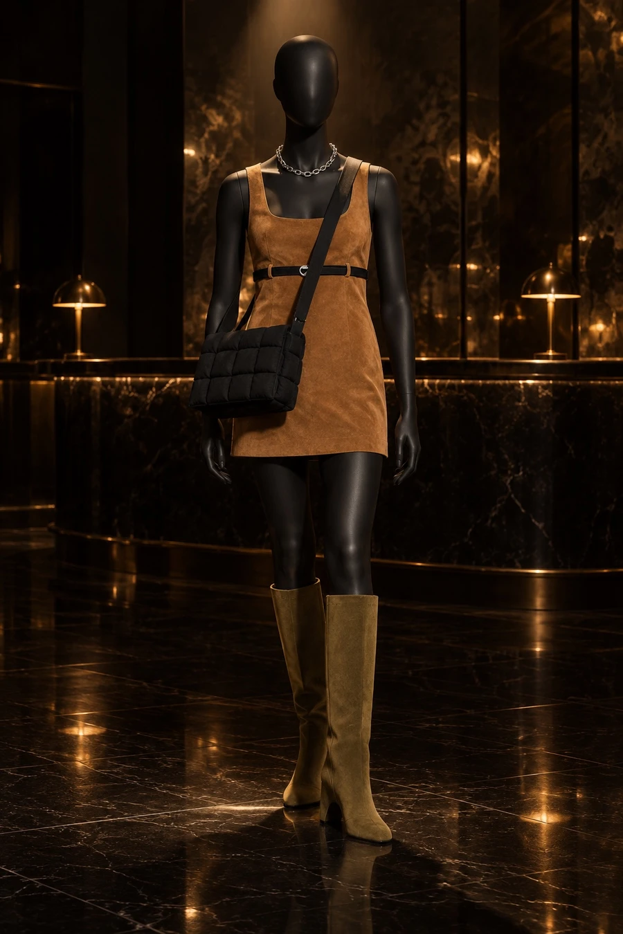 A black display mannequin in a caramel Coperni suede mini dress and olive Coperni knee boots, with a Chrome Hearts chain and a black Bottega Veneta Cassette, in a dark Mayfair hotel bar.