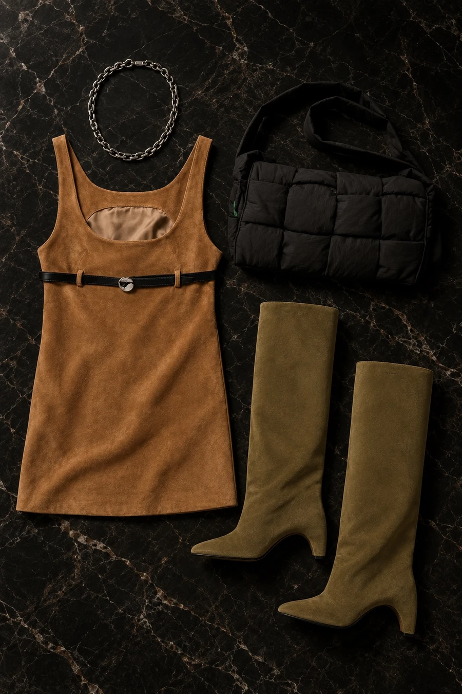 A cocktail party in Mayfair. Flat lay of a caramel Coperni dress, olive boots, a silver Chrome Hearts necklace and a black Bottega Veneta bag.