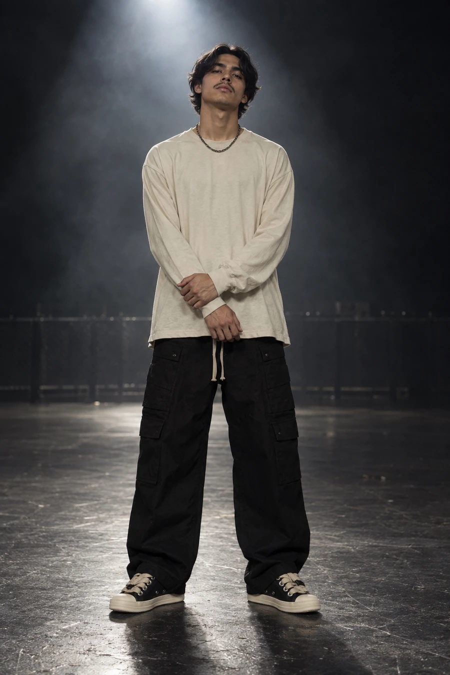 A man in a cream Rick Owens DRKSHDW long sleeve T-shirt, black Rick Owens cargo pants, Rick Owens jumbolaced sneakers and a Chrome Hearts chain stands on an empty concert floor under a stage light.