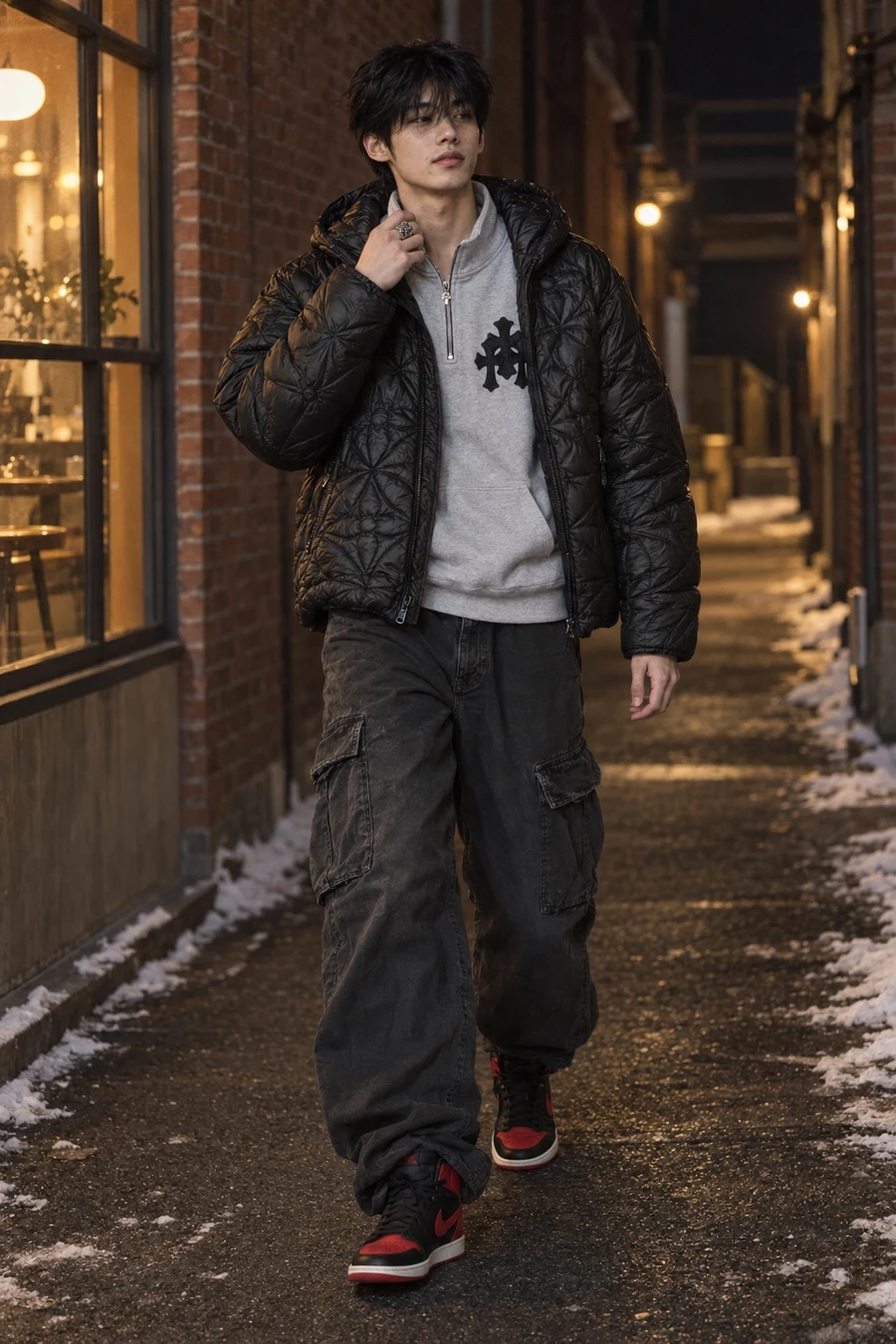 A Korean man in a black Louis Vuitton puffer, grey Chrome Hearts quarter zip, Acne Studios cargo trousers and Jordan 1 Bred sneakers walks down a Seoul alley at night.