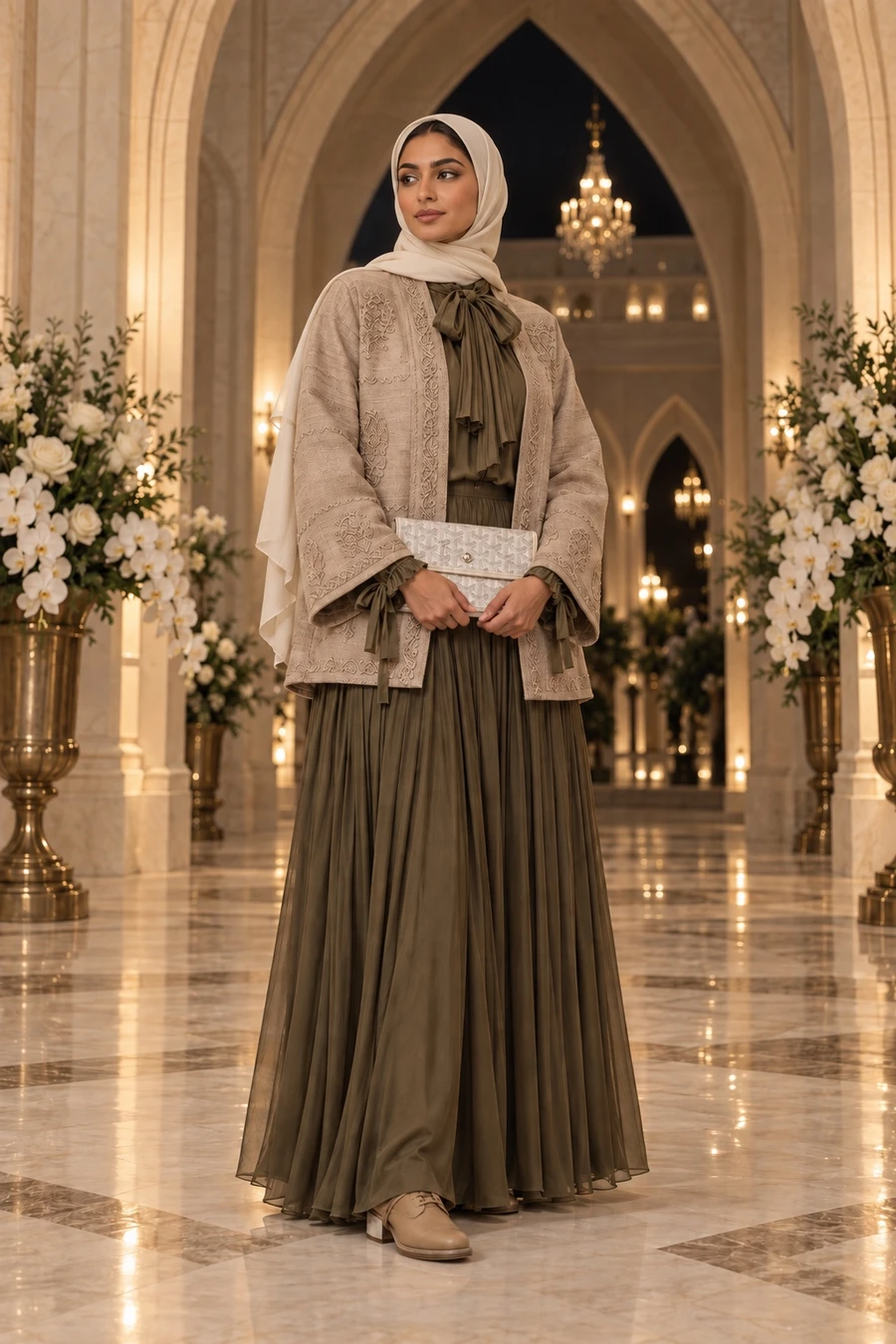 A Saudi woman in an ivory hijab wears a sand embroidered silk jacket, a moss silk bow blouse and an olive silk maxi skirt with a white Goyard pouch in the entrance hall of a Riyadh wedding venue.