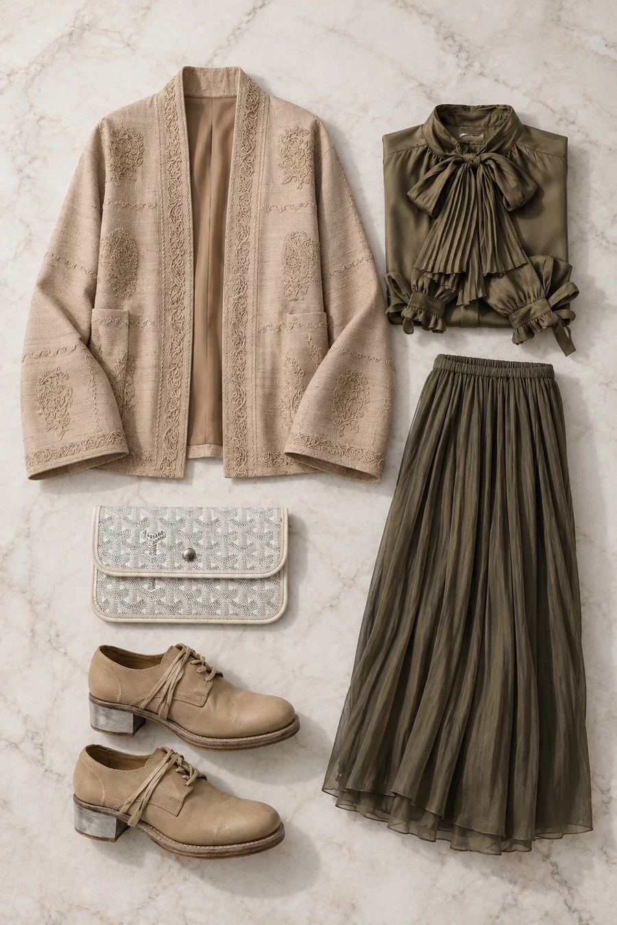 A December wedding in Riyadh. Flat lay of a sand INTO THE EAST cardigan, an olive blouse, an olive skirt and a white Goyard pouch.