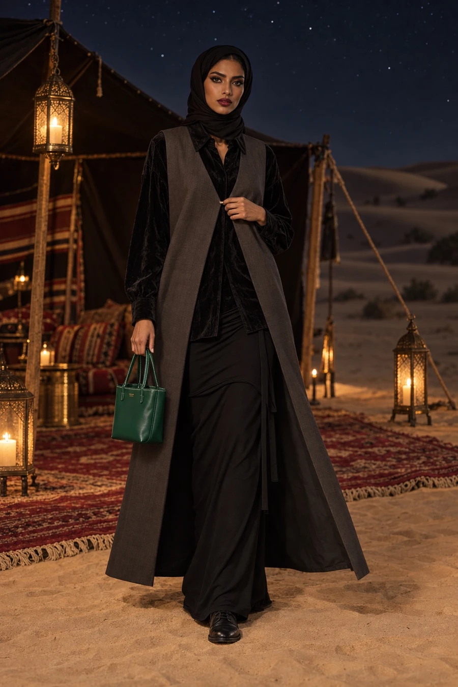 A Qatari woman in a black hijab wears a long charcoal RUOHAN vest over a black velvet shirt and black maxi skirt, a green Goyard tote in her hand, at a lantern lit desert camp near Doha.