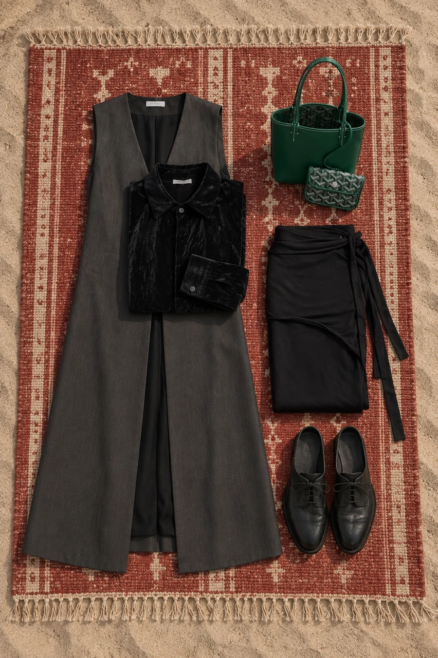 A desert camp outside Doha. Flat lay of a charcoal RUOHAN vest, a black shirt, a black Ottolinger skirt and black Guidi mules.