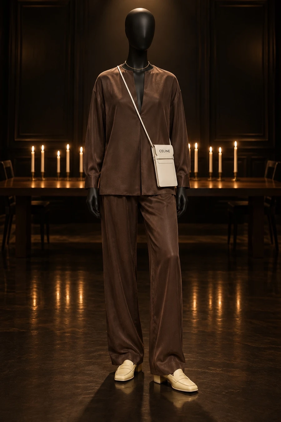 A black display mannequin in a RUOHAN chocolate cupro shirt and trousers, butter yellow MM6 mules, a gold Dior chain and a cream Celine phone holder in a dark candlelit dining room.
