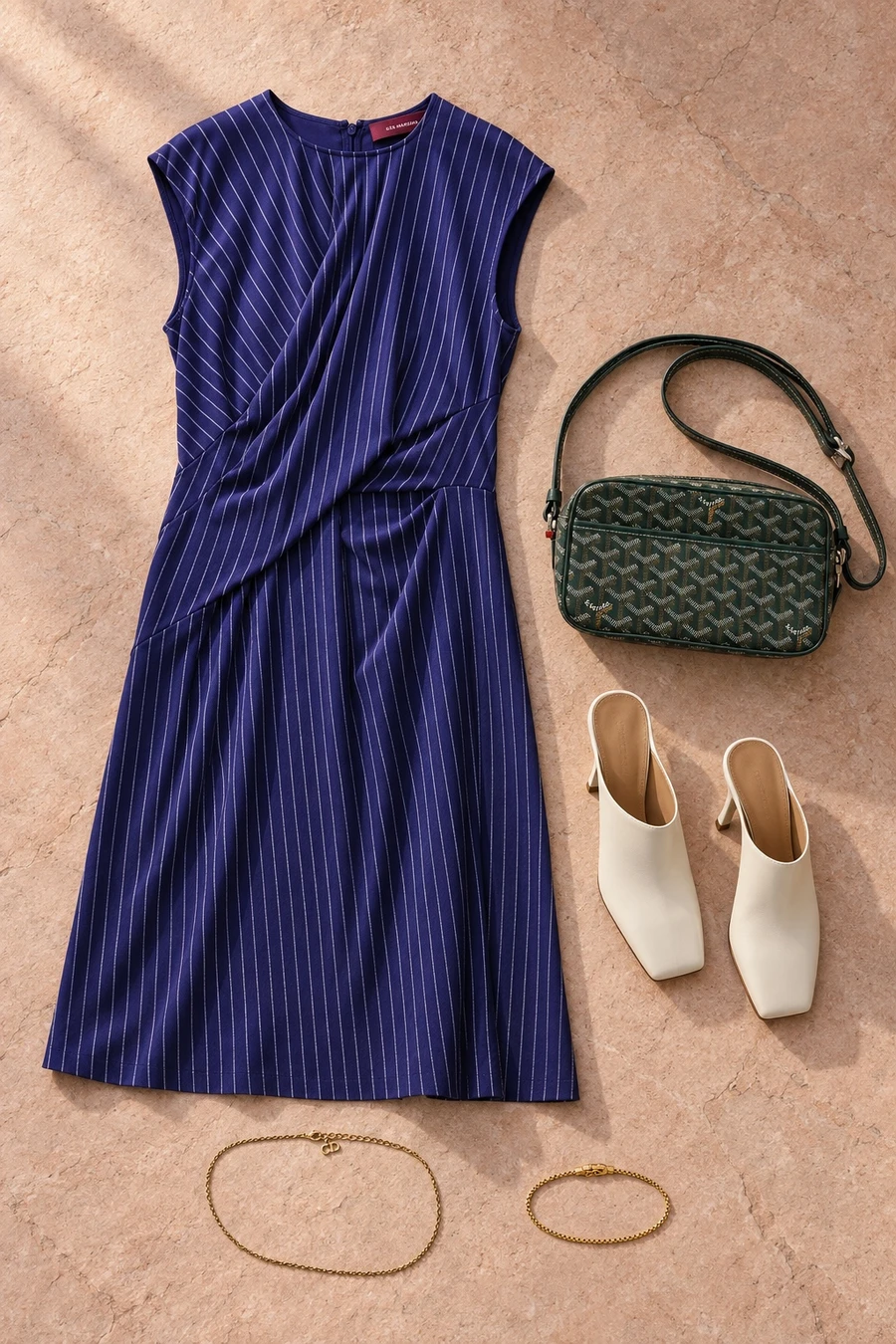 A Diwali dinner in Jaipur. Flat lay of a violet Sies Marjan dress, a deep bottle green Goyard bag and cream MM6 mules.