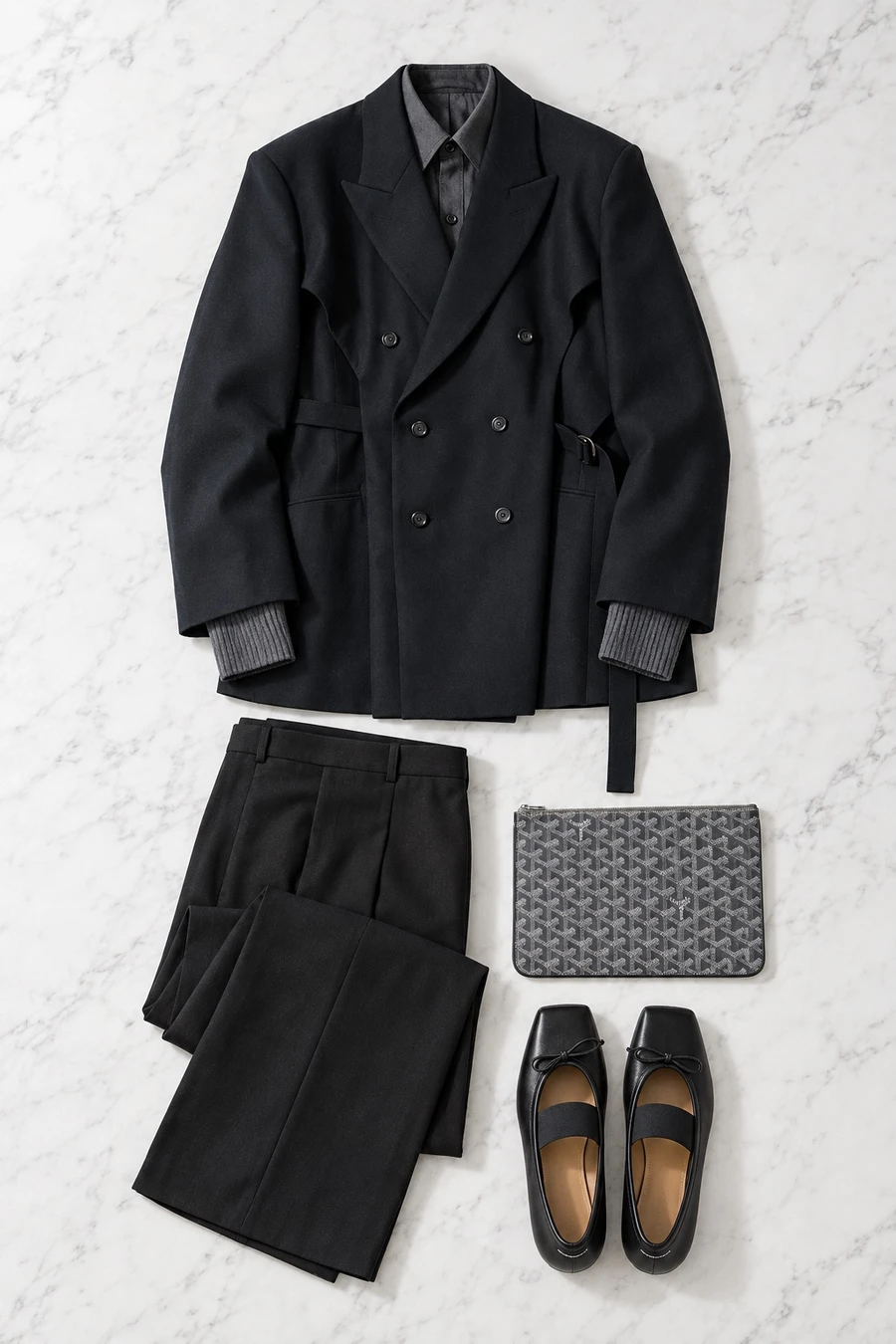 A double breasted jacket for the office. Flat lay of a black UJOH jacket, a graphite Litkovska shirt and black INTO THE EAST trousers.