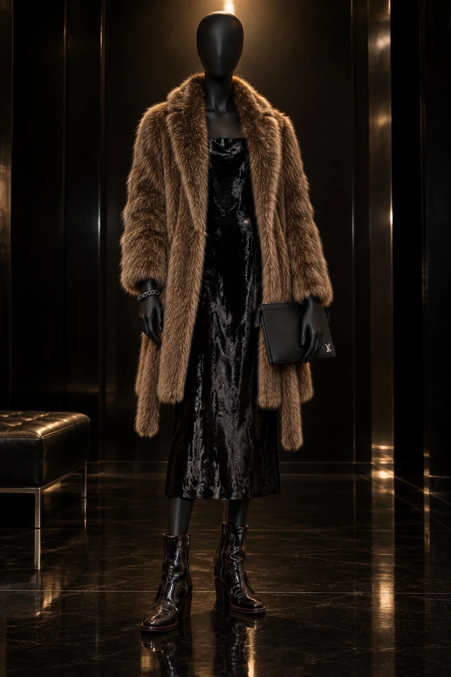 A black display mannequin in an open Mackage faux fur coat over a Helmut Lang dress, with Guidi western boots and a Louis Vuitton pouch, in a lacquered room.