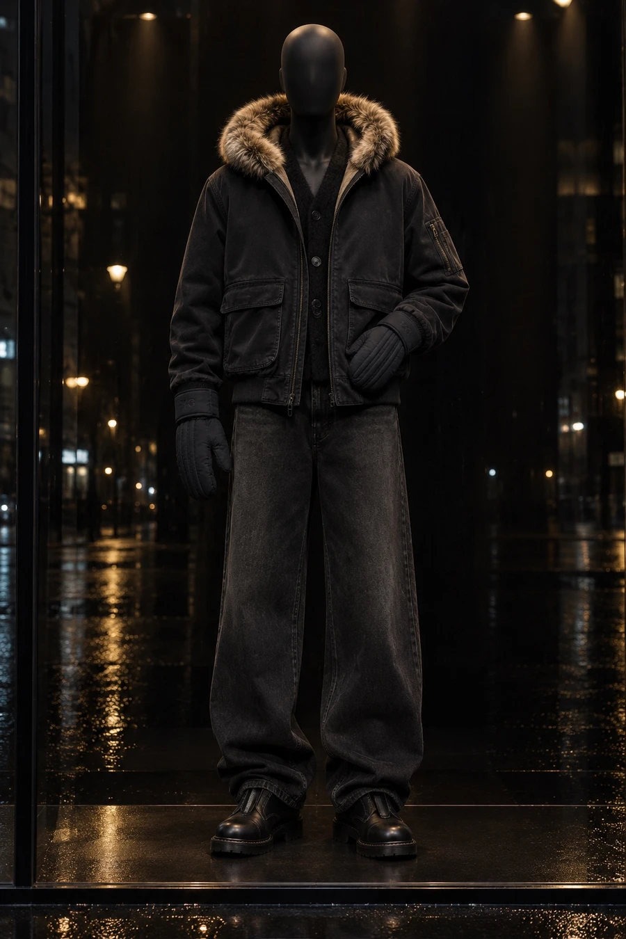 A faceless black mannequin wears a Supreme work jacket with a faux fur hood, an A.P.C. cardigan, COOR painter trousers, Dr. Martens boots and Y-3 mittens in a lit shop window.