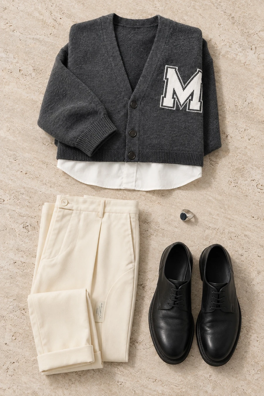 A first dinner. Flat lay of a charcoal MM6 cardigan, ivory Undercover trousers, black Guidi derbies and a silver Tom Wood ring.